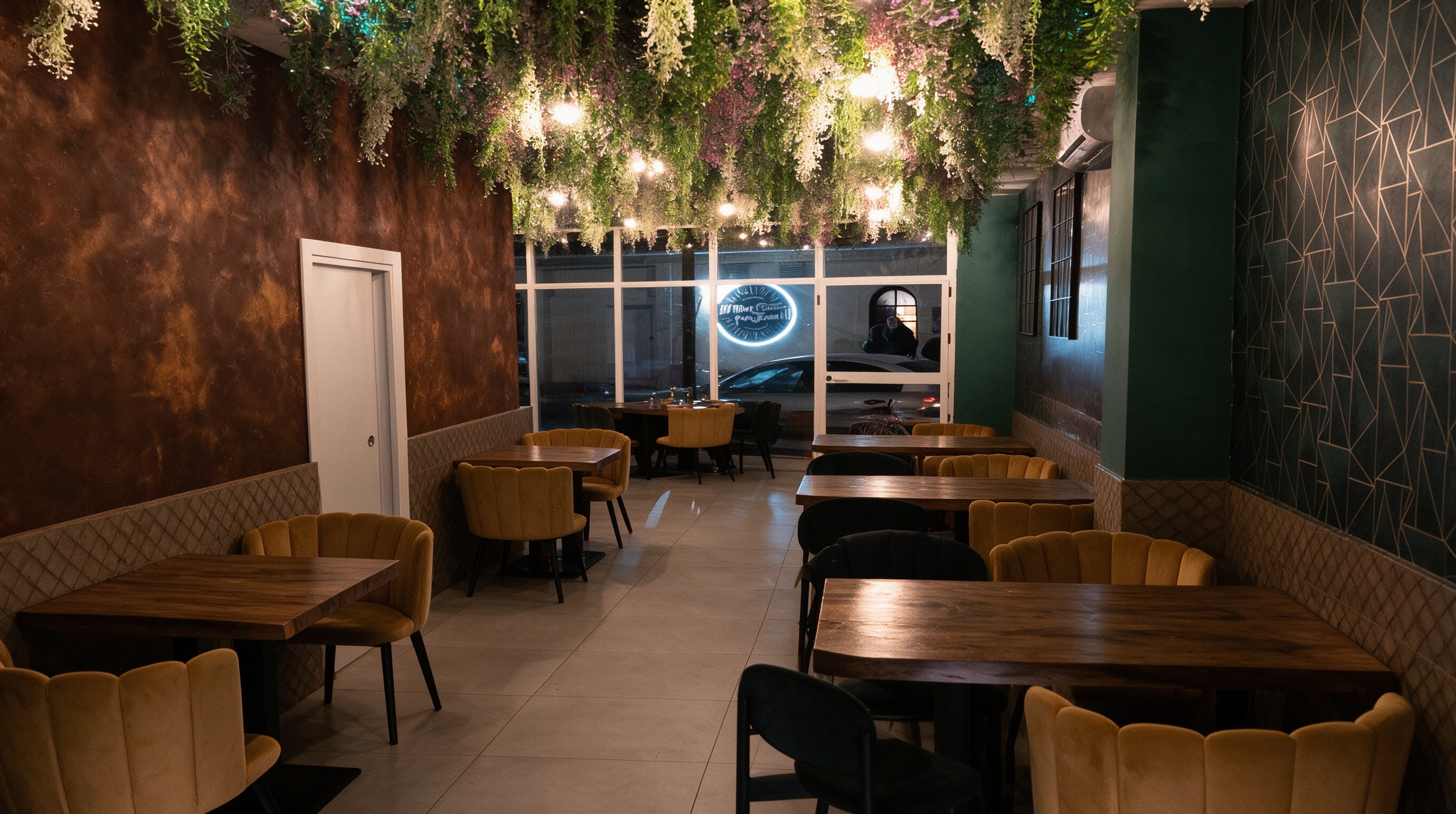 Zona de cenadores nocturna del restaurante Cuatro Cuartos